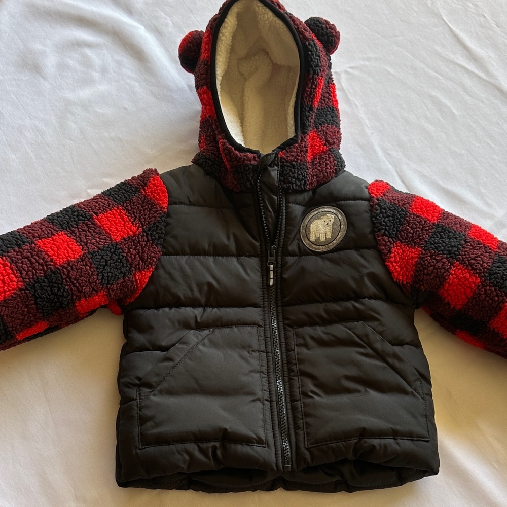 London Fog Kids Puffer Black Jacket With Fleece Buffalo Plaid and Bear Ears
